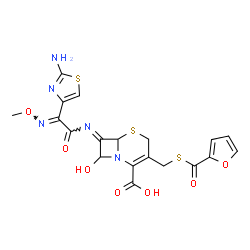 ChemSpider 2D Image | (7E)-7-{[(2E)-2-(2-Amino-1,3-thiazol-4-yl)-2-(methoxyimino)acetyl]imino}-3-[(2-furoylsulfanyl)methyl]-8-hydroxy-5-thia-1-azabicyclo[4.2.0]oct-2-ene-2-carboxylic acid | C19H17N5O7S3