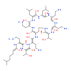 ChemSpider 2D Image | (2E,14E,17E,20Z)-21-{[(1Z)-4-Amino-2-{[(1E)-2-{[(1E)-4-amino-1-hydroxy-2-{[(1Z)-1-hydroxy-6-methyl-1-hepten-1-yl]amino}-1-buten-1-yl]amino}-1,3-dihydroxy-1-buten-1-yl]amino}-1-hydroxy-1-buten-1-yl]ami
no}-6,9,18-tris(2-aminoethyl)-3-(1-hydroxyethyl)-12,15-diisobutyl-1,4,7,10,13,16,19-heptaazacyclotricosa-2,5,8,11,14,17,20-heptaene-2,5,8,11,14,17,20-heptol | C52H98N16O13
