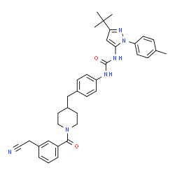 ChemSpider 2D Image | 1-[4-({1-[3-(Cyanomethyl)benzoyl]-4-piperidinyl}methyl)phenyl]-3-[1-(4-methylphenyl)-3-(2-methyl-2-propanyl)-1H-pyrazol-5-yl]urea | C36H40N6O2