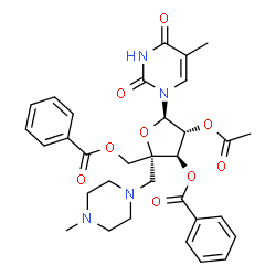 ChemSpider 2D Image | 1-{2-O-Acetyl-3-O-benzoyl-4-[(benzoyloxy)methyl]-5-deoxy-5-(4-methyl-1-piperazinyl)-alpha-L-arabinofuranosyl}-5-methyl-2,4(1H,3H)-pyrimidinedione | C32H36N4O9