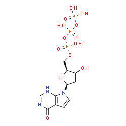 ChemSpider 2D Image | 7-[2-Deoxy-5-O-(hydroxy{[hydroxy(phosphonooxy)phosphoryl]oxy}phosphoryl)-beta-L-erythro-pentofuranosyl]-1,7-dihydro-4H-pyrrolo[2,3-d]pyrimidin-4-one | C11H16N3O13P3