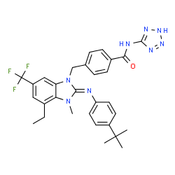 ChemSpider 2D Image | 4-{[(2E)-4-Ethyl-3-methyl-2-{[4-(2-methyl-2-propanyl)phenyl]imino}-6-(trifluoromethyl)-2,3-dihydro-1H-benzimidazol-1-yl]methyl}-N-(2H-tetrazol-5-yl)benzamide | C30H31F3N8O
