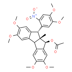 ChemSpider 2D Image | (5R,5aR,6R)-6-(4,5-Dimethoxy-2-nitrophenyl)-2,3,8,9-tetramethoxy-5a-methyl-5,5a,6,10b-tetrahydroindeno[1,2-a]inden-5-yl acetate | C31H33NO10