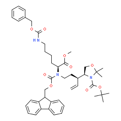 ChemSpider 2D Image | Methyl N~6~-[(benzyloxy)carbonyl]-N~2~-{(3S)-3-[(4S)-2,2-dimethyl-3-{[(2-methyl-2-propanyl)oxy]carbonyl}-1,3-oxazolidin-4-yl]-4-penten-1-yl}-N~2~-[(9H-fluoren-9-ylmethoxy)carbonyl]-L-lysinate | C45H57N3O9