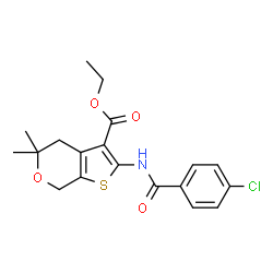 ChemSpider 2D Image | Ethyl 2-[(4-chlorobenzoyl)amino]-5,5-dimethyl-4,7-dihydro-5H-thieno[2,3-c]pyran-3-carboxylate | C19H20ClNO4S