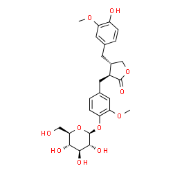 ChemSpider 2D Image | 4-{[(3S,4S)-4-(4-Hydroxy-3-methoxybenzyl)-2-oxotetrahydro-3-furanyl]methyl}-2-methoxyphenyl beta-D-glucopyranoside | C26H32O11
