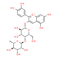 ChemSpider 2D Image | 2-(3,4-Dihydroxyphenyl)-5,7-dihydroxy-3-chromeniumyl 4-O-(6-deoxy-alpha-L-mannopyranosyl)-beta-D-galactopyranoside | C27H31O15