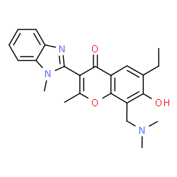 ChemSpider 2D Image | 8-[(Dimethylamino)methyl]-6-ethyl-7-hydroxy-2-methyl-3-(1-methyl-1H-benzimidazol-2-yl)-4H-chromen-4-one | C23H25N3O3