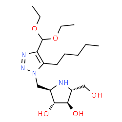 ChemSpider 2D Image | (2R,3R,4R,5R)-2-{[4-(Diethoxymethyl)-5-pentyl-1H-1,2,3-triazol-1-yl]methyl}-5-(hydroxymethyl)-3,4-pyrrolidinediol | C18H34N4O5