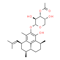 ChemSpider 2D Image | (1S,3S,7S,9aR)-6-Hydroxy-1,4,7-trimethyl-3-(2-methyl-1-propen-1-yl)-2,3,7,8,9,9a-hexahydro-1H-phenalen-5-yl 3-O-acetyl-alpha-D-arabinopyranoside | C27H38O7