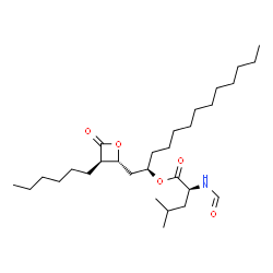 ChemSpider 2D Image | (2R)-1-[(2R,3R)-3-Hexyl-4-oxo-2-oxetanyl]-2-tridecanyl N-formyl-L-leucinate | C29H53NO5