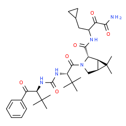 ChemSpider 2D Image | (1R,2S,5S)-N-(4-Amino-1-cyclopropyl-3,4-dioxo-2-butanyl)-3-(N-{[(2S)-3,3-dimethyl-1-oxo-1-phenyl-2-butanyl]carbamoyl}-3-methyl-L-valyl)-6,6-dimethyl-3-azabicyclo[3.1.0]hexane-2-carboxamide | C34H49N5O6