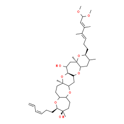 ChemSpider 2D Image | (2S,10R,11R,14aR,15aS,17aR)-2-[(3E,5E)-7,7-Dimethoxy-4,5-dimethyl-3,5-heptadien-1-yl]-11-[(3Z)-3,5-hexadien-1-yl]-3,10,14a,17a-tetramethylicosahydrooxepino[3,2-b]pyrano[2'',3'':6',7']oxepino[2',3':5,6
]pyrano[2,3-f]oxepine-10,16-diol | C41H66O9
