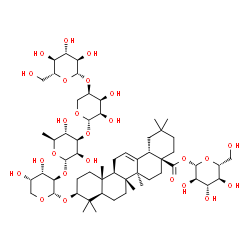 ChemSpider 2D Image | 1-O-[(3beta)-3-{[beta-D-Glucopyranosyl-(1->4)-beta-D-ribopyranosyl-(1->3)-6-deoxy-alpha-L-mannopyranosyl-(1->2)-alpha-L-arabinopyranosyl]oxy}-28-oxoolean-12-en-28-yl]-beta-D-glucopyranose | C58H94O25