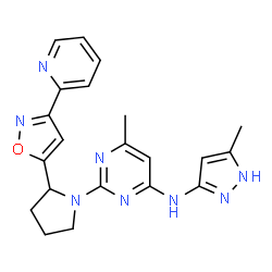 ChemSpider 2D Image | 6-Methyl-N-(5-methyl-1H-pyrazol-3-yl)-2-{2-[3-(2-pyridinyl)-1,2-oxazol-5-yl]-1-pyrrolidinyl}-4-pyrimidinamine | C21H22N8O