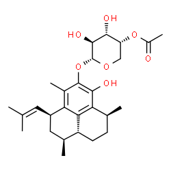 ChemSpider 2D Image | (1S,3S,7S,9aR)-6-Hydroxy-1,4,7-trimethyl-3-(2-methyl-1-propen-1-yl)-2,3,7,8,9,9a-hexahydro-1H-phenalen-5-yl 4-O-acetyl-alpha-D-arabinopyranoside | C27H38O7