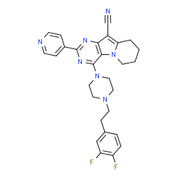 ChemSpider 2D Image | 4-{4-[2-(3,4-Difluorophenyl)ethyl]-1-piperazinyl}-2-(4-pyridinyl)-6,7,8,9-tetrahydropyrimido[4,5-b]indolizine-10-carbonitrile | C28H27F2N7