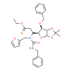 ChemSpider 2D Image | Ethyl (3R)-3-[(benzylcarbamoyl)(2-furylmethyl)amino]-3-[(3aS,5S,6R,6aS)-6-(benzyloxy)-2,2-dimethyltetrahydrofuro[2,3-d][1,3]dioxol-5-yl]propanoate | C32H38N2O8