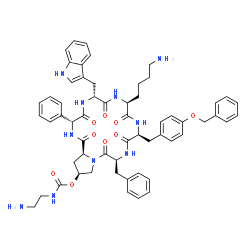 ChemSpider 2D Image | Cyclo[(2R)-2-phenylglycyl-D-tryptophyl-L-lysyl-O-benzyl-L-tyrosyl-L-phenylalanyl-(4S)-4-{[(2-aminoethyl)carbamoyl]oxy}-L-prolyl] | C58H66N10O9