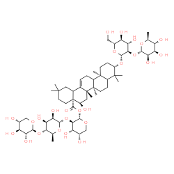 ChemSpider 2D Image | beta-D-Xylopyranosyl-(1->4)-6-deoxy-alpha-L-mannopyranosyl-(1->2)-1-O-[(3beta,5xi,9xi,16alpha,18xi)-3-{[2-O-(6-deoxy-alpha-L-mannopyranosyl)-beta-D-glucopyranosyl]oxy}-16-hydroxy-28-oxoolean-12-en-28-
yl]-alpha-L-arabinopyranose | C58H94O25
