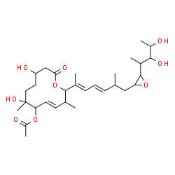 ChemSpider 2D Image | 1-{(3E,5E)-6-[(4E)-6-Acetoxy-7,10-dihydroxy-3,7-dimethyl-12-oxooxacyclododec-4-en-2-yl]-2-methyl-3,5-heptadien-1-yl}-1,2-anhydro-3,6-dideoxy-3-methylhexitol | C30H48O9