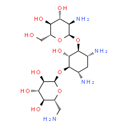 ChemSpider 2D Image | (1S,2R,3R,4S,6R)-4,6-Diamino-3-[(6-amino-6-deoxy-alpha-D-glucopyranosyl)oxy]-2-hydroxycyclohexyl 2-amino-2-deoxy-alpha-D-glucopyranoside | C18H36N4O11