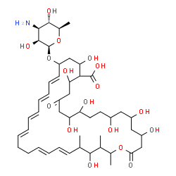 ChemSpider 2D Image | (21E,23E,25E,27E,31E,33E)-20-[(3-Amino-3,6-dideoxy-beta-D-mannopyranosyl)oxy]-4,6,8,11,12,16,18,36-octahydroxy-35,37,38-trimethyl-2,14-dioxooxacyclooctatriaconta-21,23,25,27,31,33-hexaene-17-carboxyli
c acid | C47H75NO17