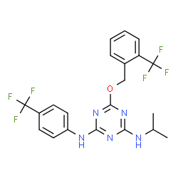 ChemSpider 2D Image | N-Isopropyl-6-{[2-(trifluoromethyl)benzyl]oxy}-N'-[4-(trifluoromethyl)phenyl]-1,3,5-triazine-2,4-diamine | C21H19F6N5O
