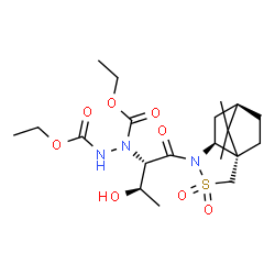 ChemSpider 2D Image | Diethyl 1-{(2S,3R)-1-[(1S,5S,7R)-10,10-dimethyl-3,3-dioxido-3-thia-4-azatricyclo[5.2.1.0~1,5~]dec-4-yl]-3-hydroxy-1-oxo-2-butanyl}-1,2-hydrazinedicarboxylate | C20H33N3O8S