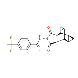 ChemSpider 2D Image | N-[(2R,6S,8S,10R)-3,5-Dioxo-4-azatetracyclo[5.3.2.0~2,6~.0~8,10~]dodec-11-en-4-yl]-4-(trifluoromethyl)benzamide | C19H15F3N2O3