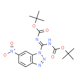 ChemSpider 2D Image | Bis(2-methyl-2-propanyl) [(E)-(6-nitro-1H-benzotriazol-1-yl)methylylidene]biscarbamate | C17H22N6O6