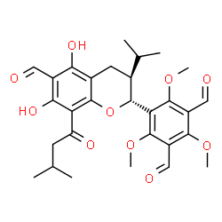 ChemSpider 2D Image | 5-[(2R,3S)-6-Formyl-5,7-dihydroxy-3-isopropyl-8-(3-methylbutanoyl)-3,4-dihydro-2H-chromen-2-yl]-2,4,6-trimethoxyisophthalaldehyde | C29H34O10