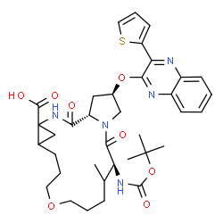 ChemSpider 2D Image | (2R,6S,17aS)-7-Methyl-6-({[(2-methyl-2-propanyl)oxy]carbonyl}amino)-5,17-dioxo-2-{[3-(2-thienyl)-2-quinoxalinyl]oxy}hexadecahydrocyclopropa[e]pyrrolo[2,1-i][1,7,10]oxadiazacyclohexadecine-15a(12H)-car
boxylic acid | C36H45N5O8S