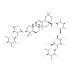 ChemSpider 2D Image | 6-Deoxy-alpha-L-mannopyranosyl-(1->4)-beta-D-glucopyranosyl-(1->6)-1-O-[(3beta)-3-{[2-O-(6-deoxy-alpha-L-mannopyranosyl)-alpha-L-arabinopyranosyl]oxy}-23-hydroxy-28-oxoolean-12-en-28-yl]-beta-D-glucop
yranose | C59H96O26