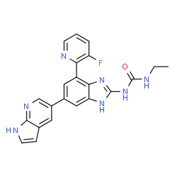 ChemSpider 2D Image | 1-Ethyl-3-[4-(3-fluoro-2-pyridinyl)-6-(1H-pyrrolo[2,3-b]pyridin-5-yl)-1H-benzimidazol-2-yl]urea | C22H18FN7O