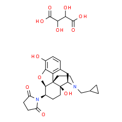 ChemSpider 2D Image | 1-[(5beta,6beta)-17-(Cyclopropylmethyl)-3,14-dihydroxy-4,5-epoxymorphinan-6-yl]-2,5-pyrrolidinedione 2,3-dihydroxysuccinate (1:1) | C28H34N2O11