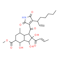 ChemSpider 2D Image | Methyl 2-[(2E)-2-butenoyl]-2,3,4-trihydroxy-7-methyl-1-{[4-(1-octen-3-yl)-2,5-dioxo-2,5-dihydro-1H-pyrrol-3-yl]carbonyl}octahydro-1H-indene-5-carboxylate | C29H39NO9