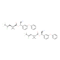 ChemSpider 2D Image | (R)-Cyano(3-phenoxyphenyl)methyl (1S,3S)-3-[(1Z)-2-chloro-3,3,3-trifluoro-1-propen-1-yl]-2,2-dimethylcyclopropanecarboxylate - (S)-cyano(3-phenoxyphenyl)methyl (1R,3R)-3-[(1Z)-2-chloro-3,3,3-trifluoro-1-propen-1-yl]-2,2-dimethylcyclopropanecarboxylate (1:1) | C46H38Cl2F6N2O6