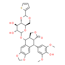 ChemSpider 2D Image | (5aR,8aR,9R)-9-(4-Hydroxy-3,5-dimethoxyphenyl)-8-oxo-5,5a,6,8,8a,9-hexahydrofuro[3',4':6,7]naphtho[2,3-d][1,3]dioxol-5-yl 4,6-O-(2-thienylmethylene)-D-glucopyranoside | C32H32O13S