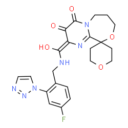 ChemSpider 2D Image | (2'E)-2'-[{[4-Fluoro-2-(1H-1,2,3-triazol-1-yl)benzyl]amino}(hydroxy)methylene]-2,3,5,6,7',8'-hexahydro-2'H,6'H-spiro[pyran-4,10'-pyrimido[2,1-c][1,4]oxazepine]-3',4'-dione | C22H23FN6O5