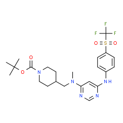ChemSpider 2D Image | 2-Methyl-2-propanyl 4-({methyl[6-({4-[(trifluoromethyl)sulfonyl]phenyl}amino)-4-pyrimidinyl]amino}methyl)-1-piperidinecarboxylate | C23H30F3N5O4S