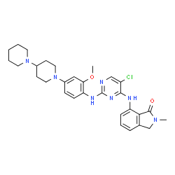ChemSpider 2D Image | 7-[(2-{[4-(1,4'-Bipiperidin-1'-yl)-2-methoxyphenyl]amino}-5-chloro-4-pyrimidinyl)amino]-2-methyl-1-isoindolinone | C30H36ClN7O2