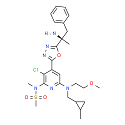 ChemSpider 2D Image | N-(4-{5-[(2R)-2-Amino-1-phenyl-2-propanyl]-1,3,4-oxadiazol-2-yl}-3-chloro-6-{(2-methoxyethyl)[(2-methylcyclopropyl)methyl]amino}-2-pyridinyl)-N-methylmethanesulfonamide | C26H35ClN6O4S