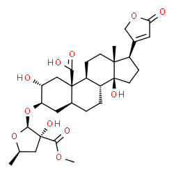 ChemSpider 2D Image | (2alpha,3beta,5alpha)-3-{[3,5-Dideoxy-2-C-(methoxycarbonyl)-beta-D-erythro-pentofuranosyl]oxy}-2,14,19-trihydroxy-19-oxocard-20(22)-enolide | C30H42O11