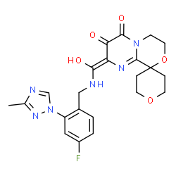 ChemSpider 2D Image | (2'E)-2'-[{[4-Fluoro-2-(3-methyl-1H-1,2,4-triazol-1-yl)benzyl]amino}(hydroxy)methylene]-2,3,5,6,6',7'-hexahydro-2'H-spiro[pyran-4,9'-pyrimido[2,1-c][1,4]oxazine]-3',4'-dione | C22H23FN6O5