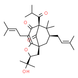 ChemSpider 2D Image | (1S,3S,8R,10S)-3-(2-Hydroxy-2-propanyl)-8-isobutyryl-9,9-dimethyl-6,10-bis(3-methyl-2-buten-1-yl)-4-oxatricyclo[6.3.1.0~1,5~]dodec-5-ene-7,12-dione | C30H44O5