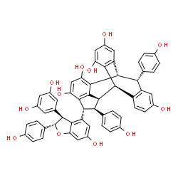 ChemSpider 2D Image | (1R,2R,3R,4R,10S,11R)-4-[(2S,3S)-3-(3,5-Dihydroxyphenyl)-6-hydroxy-2-(4-hydroxyphenyl)-2,3-dihydro-1-benzofuran-4-yl]-3,11-bis(4-hydroxyphenyl)hexacyclo[8.7.6.1~2,5~.0~9,24~.0~12,17~.0~18,23~]tetracos
a-5(24),6,8,12,14,16,18,20,22-nonaene-6,8,14,19,21-pentol | C56H42O12