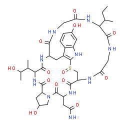 ChemSpider 2D Image | 2-[34-sec-Butyl-8,22-dihydroxy-13-(3-hydroxy-2-butanyl)-27-oxido-2,5,11,14,30,33,36,39-octaoxo-27-thia-3,6,12,15,25,29,32,35,38-nonaazapentacyclo[14.12.11.0~6,10~.0~18,26~.0~19,24~]nonatriaconta-18(26
),19,21,23-tetraen-4-yl]acetamide | C39H54N10O13S