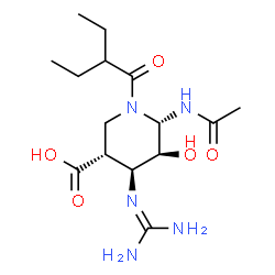 ChemSpider 2D Image | (3R,4S,5S,6S)-6-Acetamido-4-[(diaminomethylene)amino]-1-(2-ethylbutanoyl)-5-hydroxy-3-piperidinecarboxylic acid | C15H27N5O5
