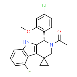 ChemSpider 2D Image | 1-[(1S)-1-(4-Chloro-2-methoxyphenyl)-5-fluoro-1,9-dihydrospiro[beta-carboline-4,1'-cyclopropan]-2(3H)-yl]ethanone | C22H20ClFN2O2